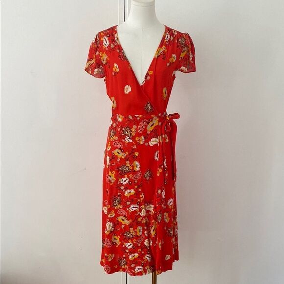 Free People Orange Red Floral Jess Wrap Midi Dress Size XS - Picture 2 of 12